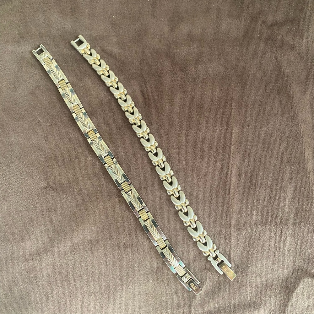 3- bracelets 2- Sharp Brand Two-Tone Metal Link  7” Bracelet Set - Gold & Silver